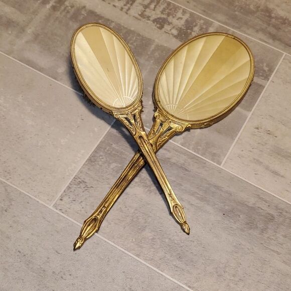 Vintage Other - RARE Vintage Brass Beveled Hand Mirror&Brush